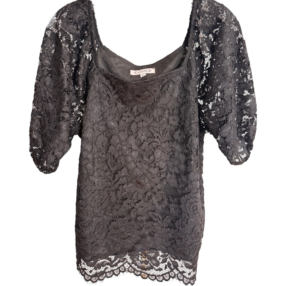 Nanette‎ Lepore Lace Top Womens Medium Black Nylon Rayon Puff Sleeve Blouse